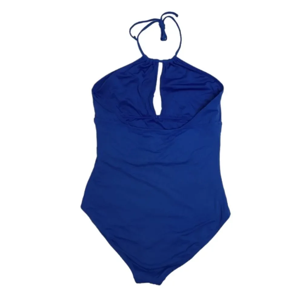 LOFT Beach blue cut out halter tie‎ top ruched side one piece swimsuit 16